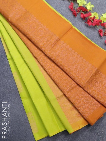 Roopam silk saree fluorescent green and mustard yellow with copper zari woven box type buttas in borderless style - {{ collection.title }} by Prashanti Sarees