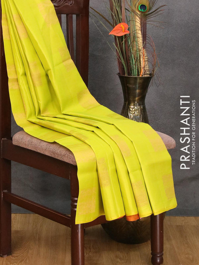 Roopam silk saree fluorescent green and mustard yellow with copper zari woven box type buttas in borderless style - {{ collection.title }} by Prashanti Sarees