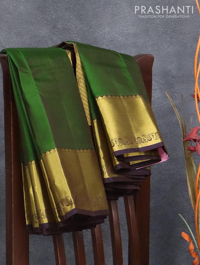 Roopam silk saree green shade and wine shade with plain body and rich zari woven border - {{ collection.title }} by Prashanti Sarees