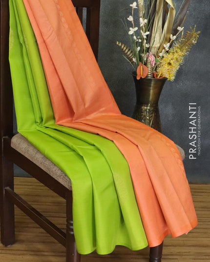 Roopam silk saree light green and peach orange with copper zari woven buttas in borderless style - {{ collection.title }} by Prashanti Sarees