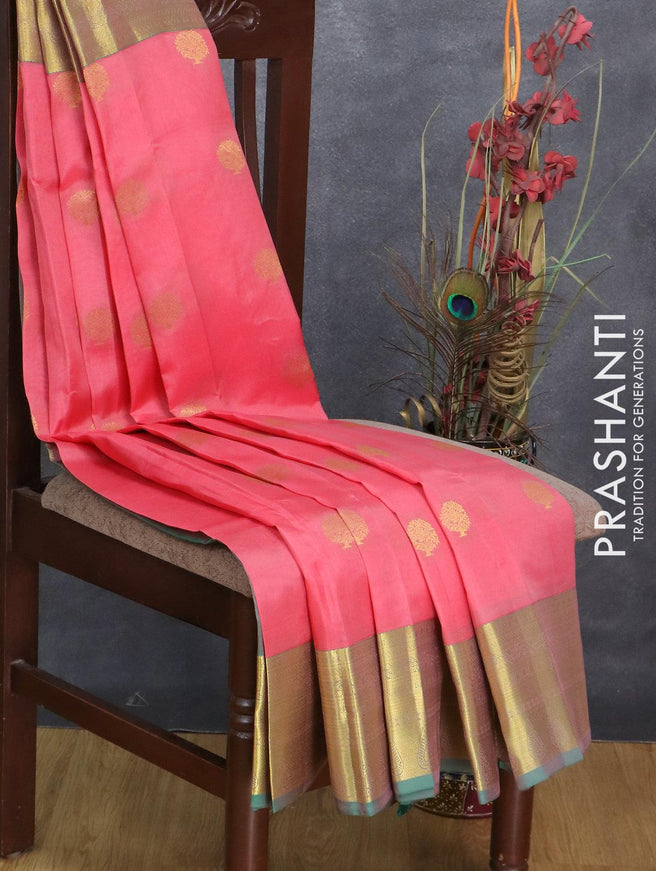 Roopam silk saree pink shade and green shade with zari woven tree buttas and zari woven border - {{ collection.title }} by Prashanti Sarees