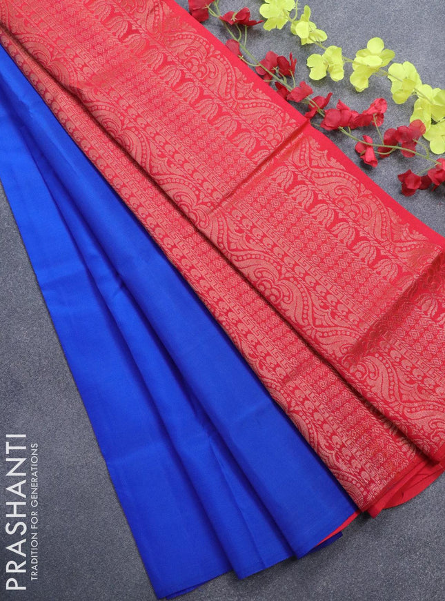 Roopam silk saree royal blue and dual shade of orangish pink with copper zari woven buttas in borderless style - {{ collection.title }} by Prashanti Sarees