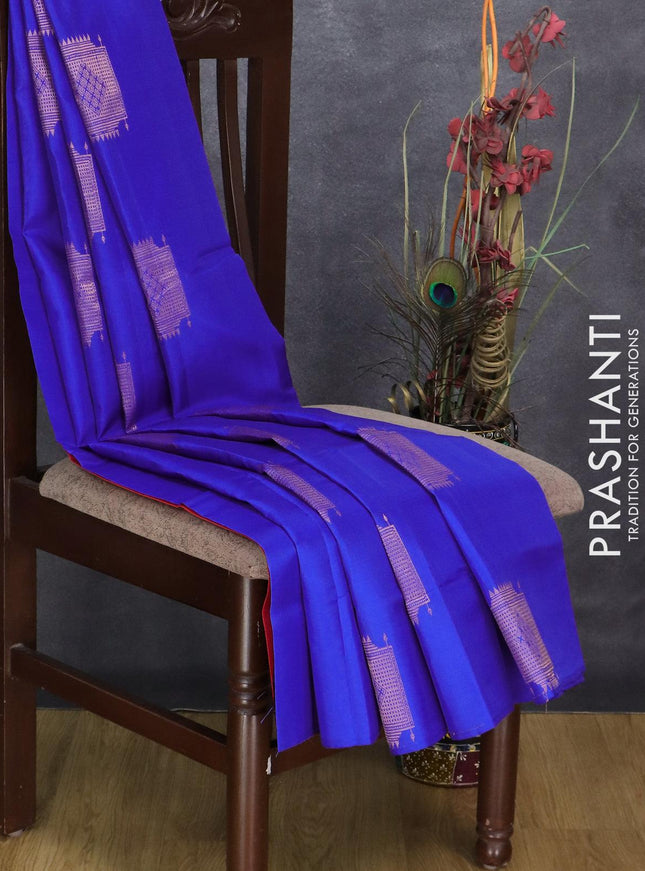 Roopam silk saree royal blue and dual shade of orangish pink with copper zari woven buttas in borderless style - {{ collection.title }} by Prashanti Sarees