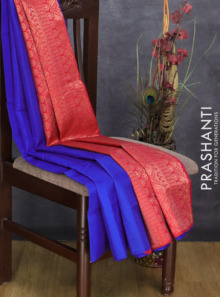 Roopam silk saree royal blue and dual shade of orangish pink with copper zari woven buttas in borderless style - {{ collection.title }} by Prashanti Sarees