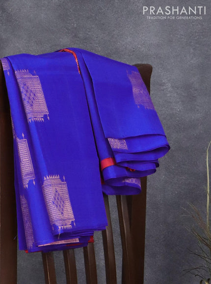 Roopam silk saree royal blue and dual shade of orangish pink with copper zari woven buttas in borderless style - {{ collection.title }} by Prashanti Sarees