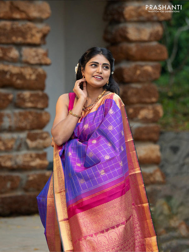 Sa - Pure kanjivaram silk saree purple and pink with allover zari checks & annam and mayil chakaram buttas elephant & annam zari woven border - {{ collection.title }} by Prashanti Sarees