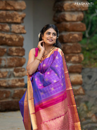 Sa - Pure kanjivaram silk saree purple and pink with allover zari checks & annam and mayil chakaram buttas elephant & annam zari woven border