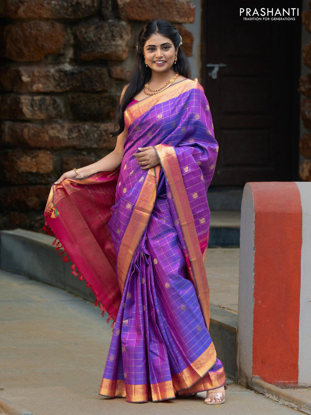 Sa - Pure kanjivaram silk saree purple and pink with allover zari chec ...