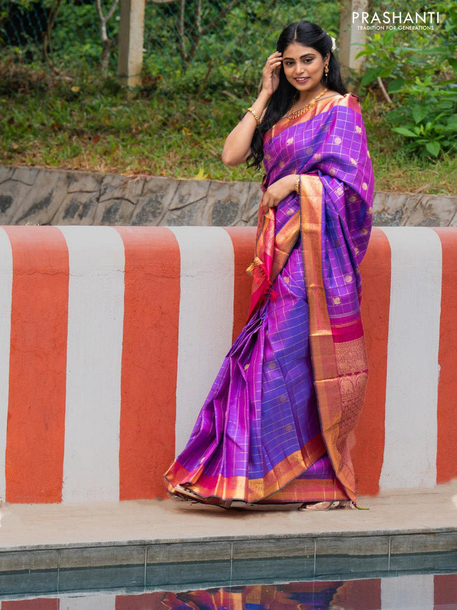 Sa - Pure kanjivaram silk saree purple and pink with allover zari checks & annam and mayil chakaram buttas elephant & annam zari woven border - {{ collection.title }} by Prashanti Sarees