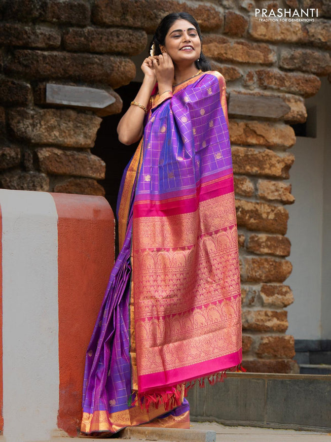 Sa - Pure kanjivaram silk saree purple and pink with allover zari checks & annam and mayil chakaram buttas elephant & annam zari woven border - {{ collection.title }} by Prashanti Sarees
