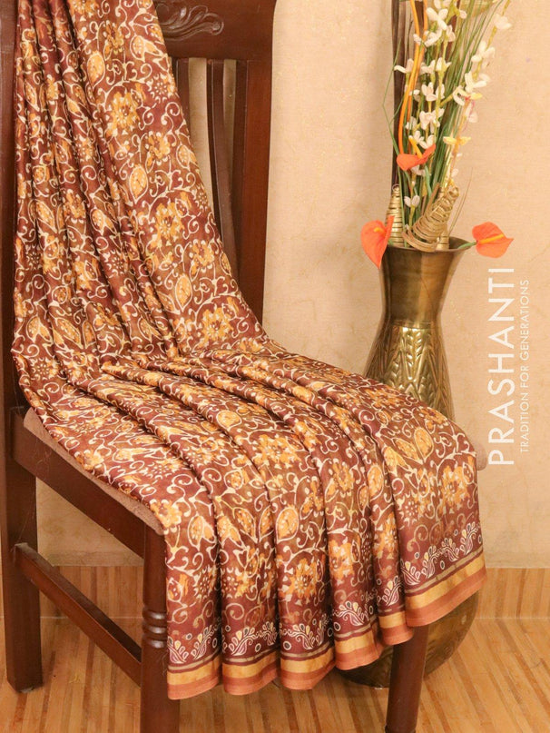 Satin saree brown shade with allover digital prints - {{ collection.title }} by Prashanti Sarees
