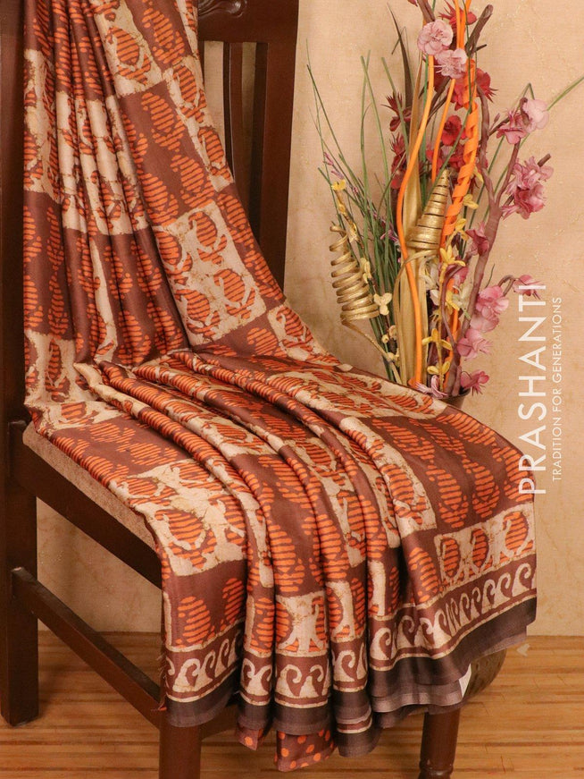 Satin saree brown shade with allover digital prints - {{ collection.title }} by Prashanti Sarees