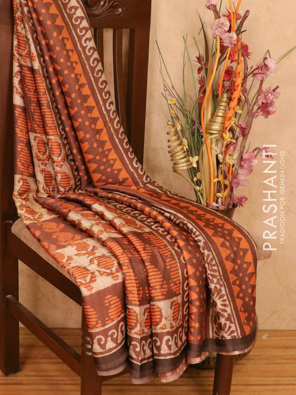 Satin saree brown shade with allover digital prints - {{ collection.title }} by Prashanti Sarees