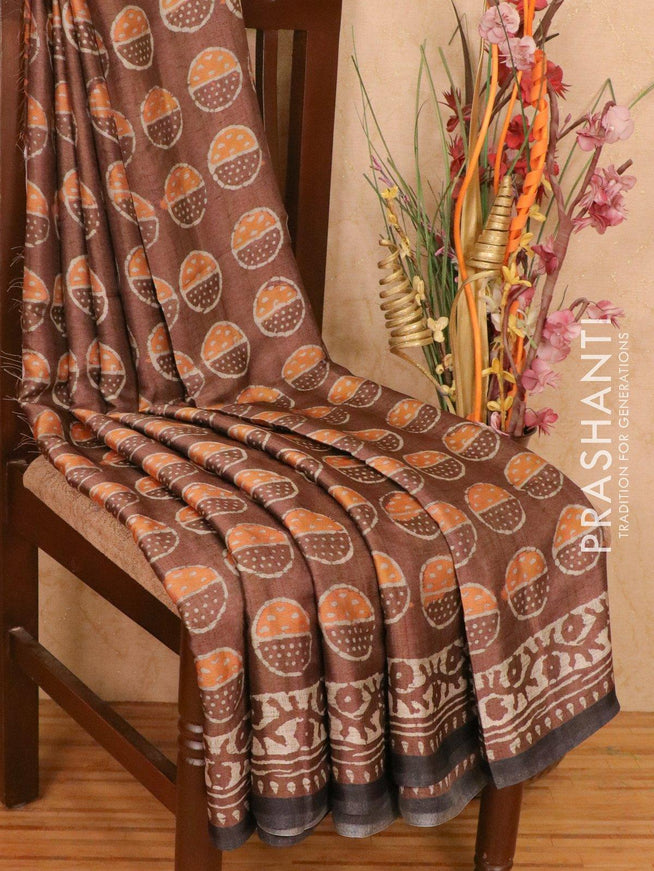 Satin saree dark brown shade with allover digital prints - {{ collection.title }} by Prashanti Sarees