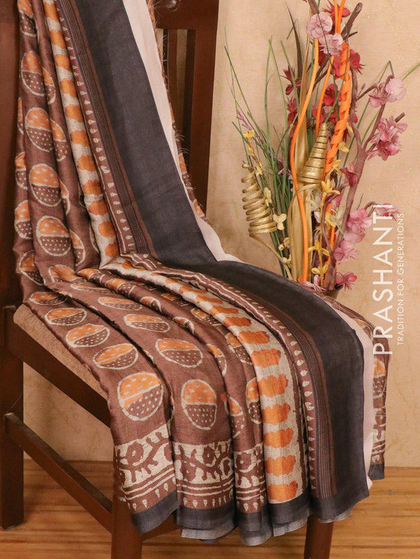 Satin saree dark brown shade with allover digital prints - {{ collection.title }} by Prashanti Sarees