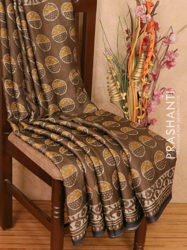 Satin saree dark khaki shade with allover digital prints - {{ collection.title }} by Prashanti Sarees