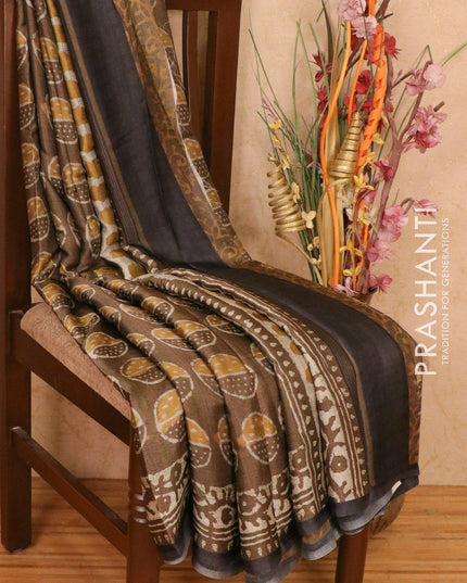 Satin saree dark khaki shade with allover digital prints - {{ collection.title }} by Prashanti Sarees
