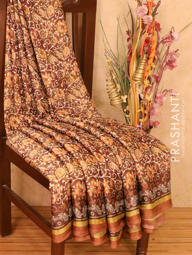 Satin saree deep coffee brown shade with allover digital prints - {{ collection.title }} by Prashanti Sarees