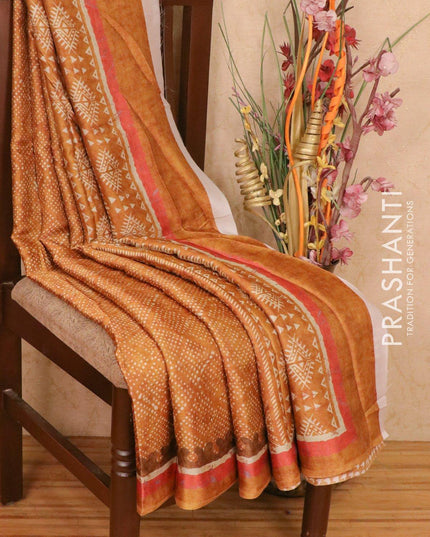 Satin saree mustard shade with allover digital prints - {{ collection.title }} by Prashanti Sarees
