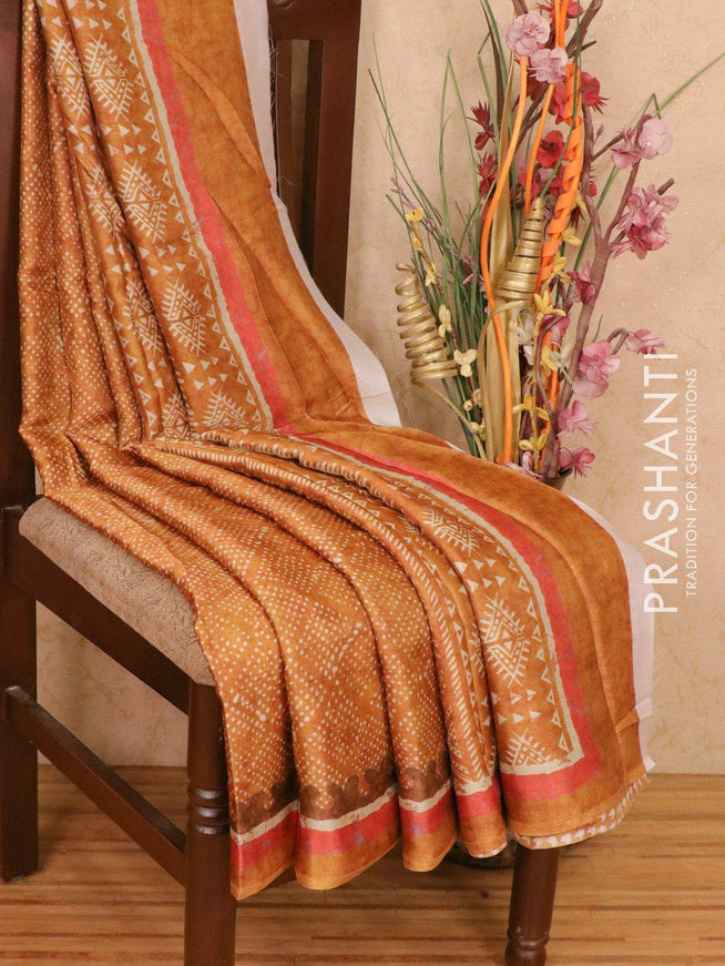 Satin saree mustard shade with allover digital prints - {{ collection.title }} by Prashanti Sarees