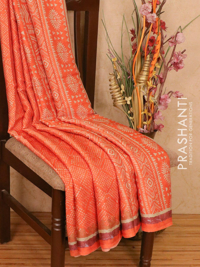 Satin saree orange shade with allover digital prints - {{ collection.title }} by Prashanti Sarees