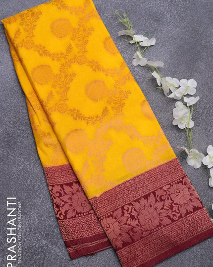 Semi banarasi crepe saree mango yellow and deep maroon with allover floral zari weaves and floral zari woven border - {{ collection.title }} by Prashanti Sarees