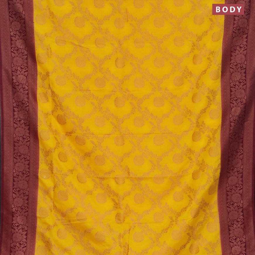Semi banarasi crepe saree mango yellow and deep maroon with allover floral zari weaves and floral zari woven border - {{ collection.title }} by Prashanti Sarees
