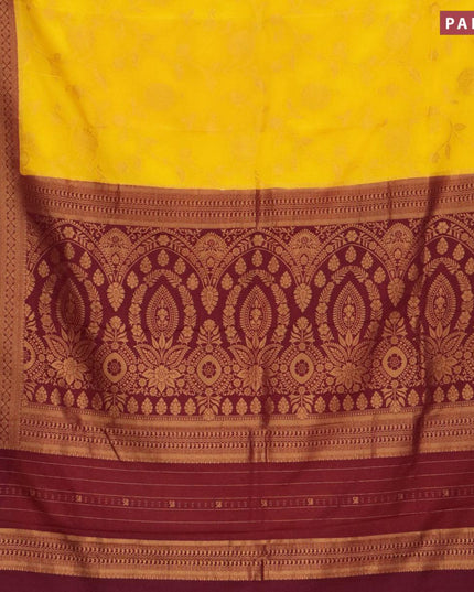 Semi banarasi crepe saree mango yellow and deep maroon with allover zari weaves and zari woven border - {{ collection.title }} by Prashanti Sarees