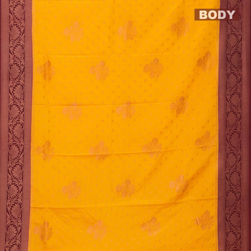 Semi banarasi crepe saree mango yellow and deep wine shade with zari woven floral buttas and zari woven floral border - {{ collection.title }} by Prashanti Sarees