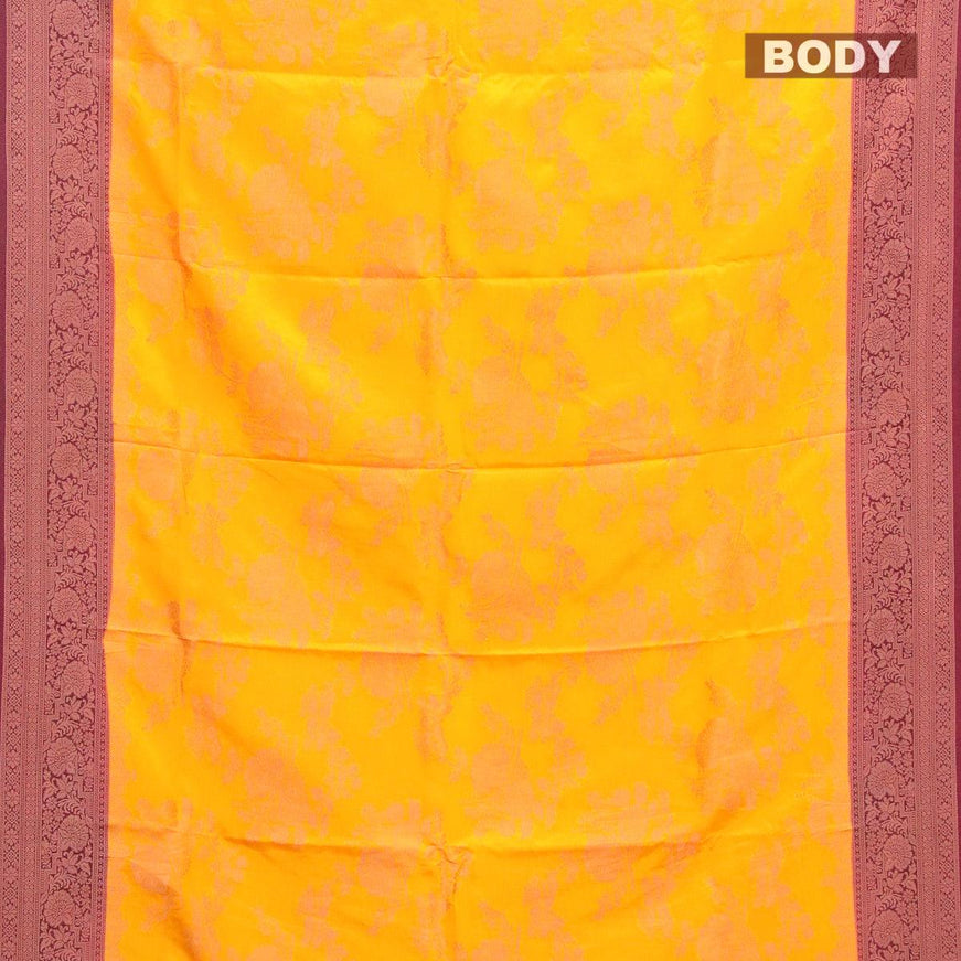 Semi banarasi crepe saree mango yellow and maroon with allover floral zari weaves and zari woven border - {{ collection.title }} by Prashanti Sarees