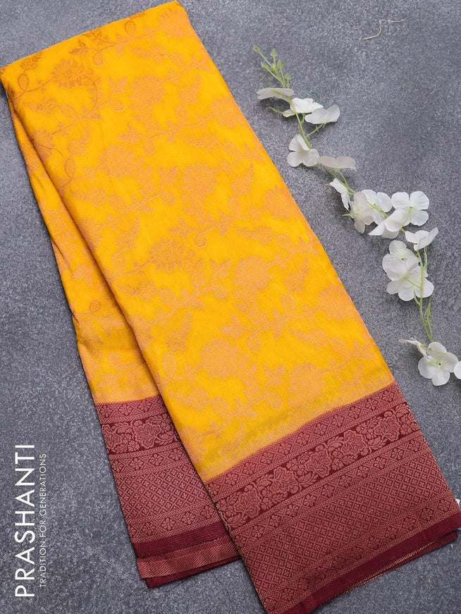 Semi banarasi crepe saree mango yellow and maroon with allover floral zari weaves ans zari woven floral border - {{ collection.title }} by Prashanti Sarees