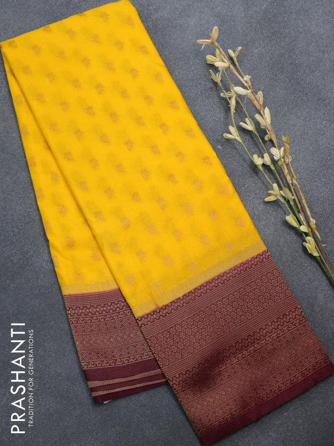 Semi banarasi crepe saree mango yellow and wine shade with allover zari woven buttas and zari woven border - {{ collection.title }} by Prashanti Sarees