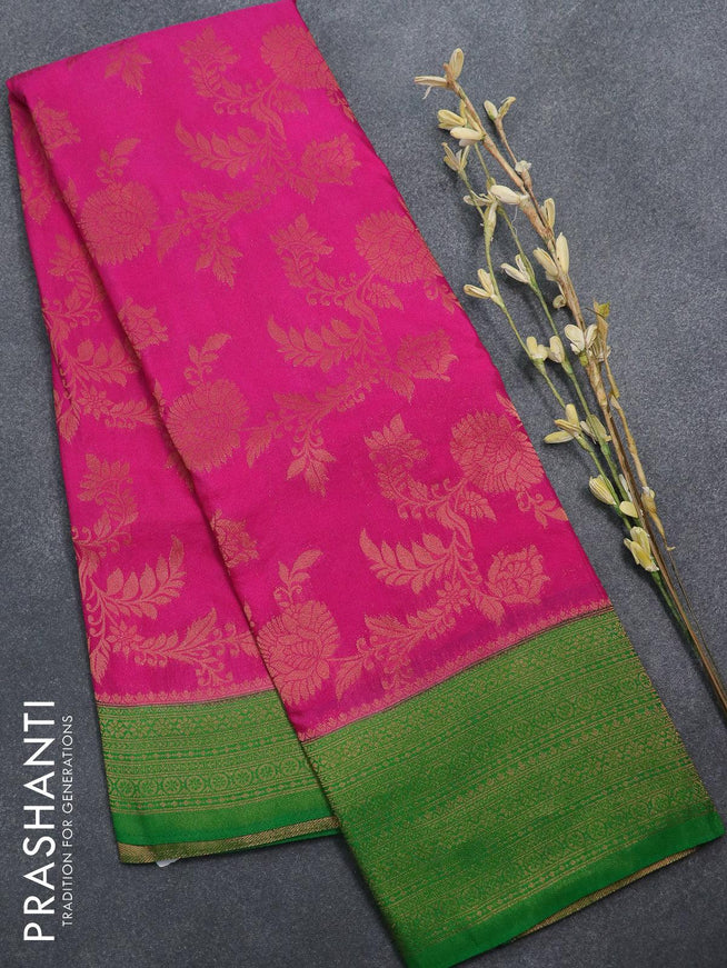 Semi banarasi crepe saree pink and green with allover floral copper zari weaves and copper zari woven border - {{ collection.title }} by Prashanti Sarees
