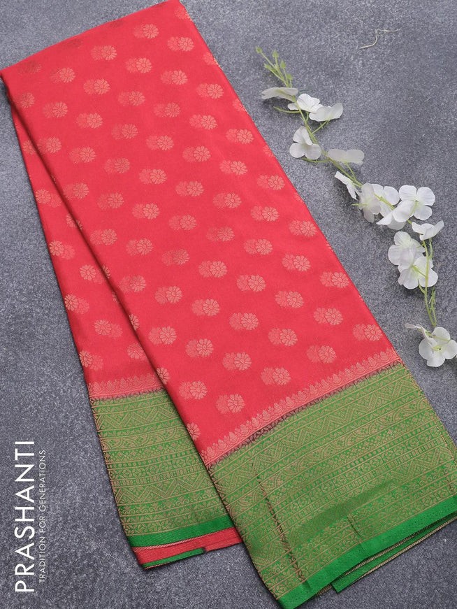 Semi banarasi crepe saree red and green with allover copper zari butta weaves and zari woven border - {{ collection.title }} by Prashanti Sarees
