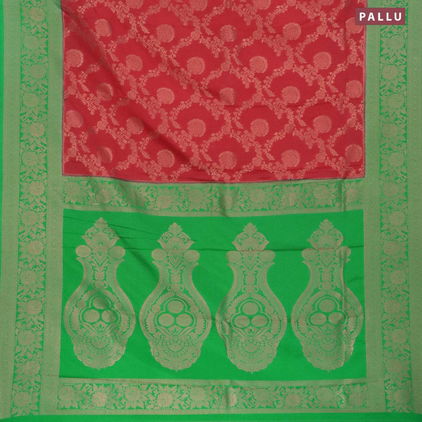 Semi banarasi crepe saree red and green with allover floral zari weaves and floral zari woven border - {{ collection.title }} by Prashanti Sarees