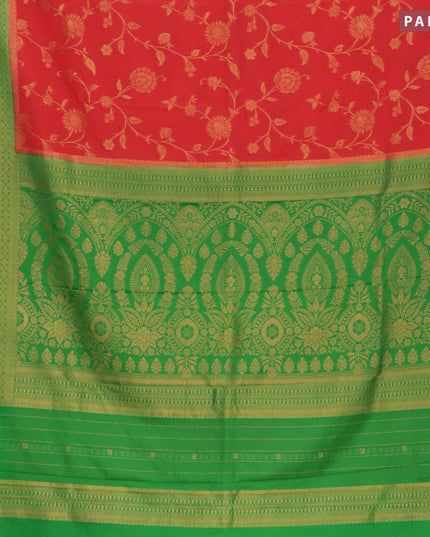 Semi banarasi crepe saree red and green with allover zari weaves and zari woven border - {{ collection.title }} by Prashanti Sarees