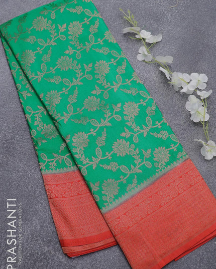Semi banarasi crepe saree teal green and peach pink with allover floral zari weaves ans zari woven floral border - {{ collection.title }} by Prashanti Sarees