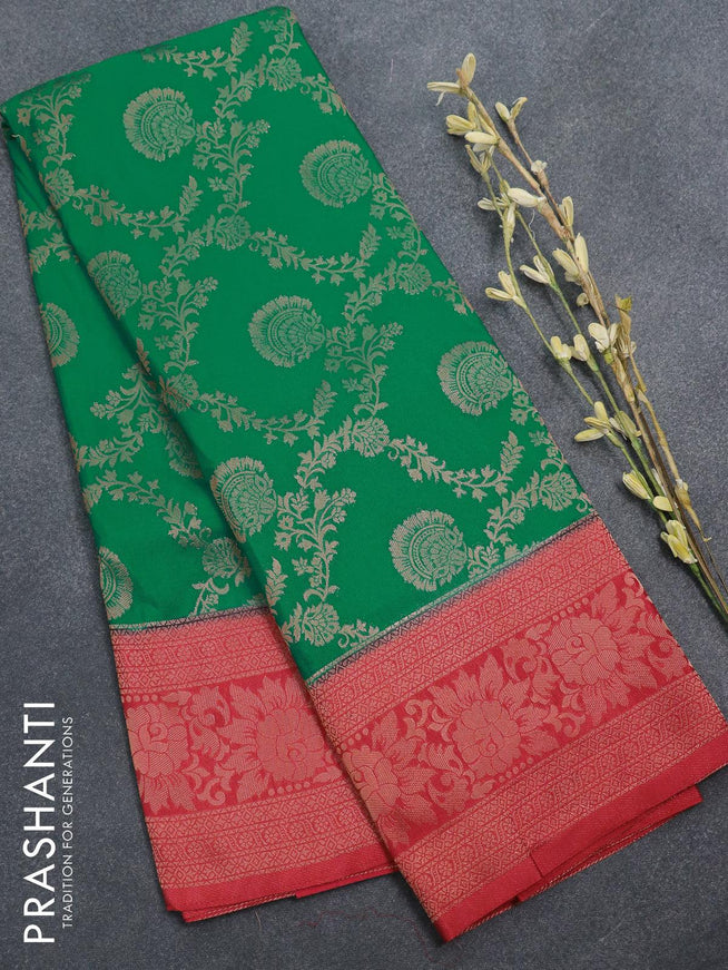 Semi banarasi crepe saree teal green and pink shade with allover copper zari weaves and copper zari woven floral border - {{ collection.title }} by Prashanti Sarees