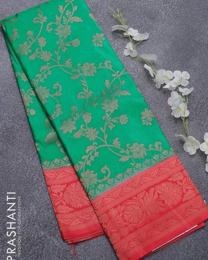 Semi banarasi crepe saree teal green and pink shade with allover floral zari weaves and floral zari woven border - {{ collection.title }} by Prashanti Sarees