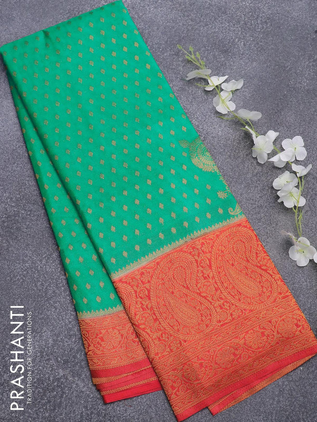Semi banarasi crepe saree teal green and pink shade with zari woven buttas and paisley zari woven border - {{ collection.title }} by Prashanti Sarees