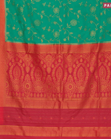 Semi banarasi crepe saree teal green and red with allover floral copper zari weaves and copper zari woven border - {{ collection.title }} by Prashanti Sarees