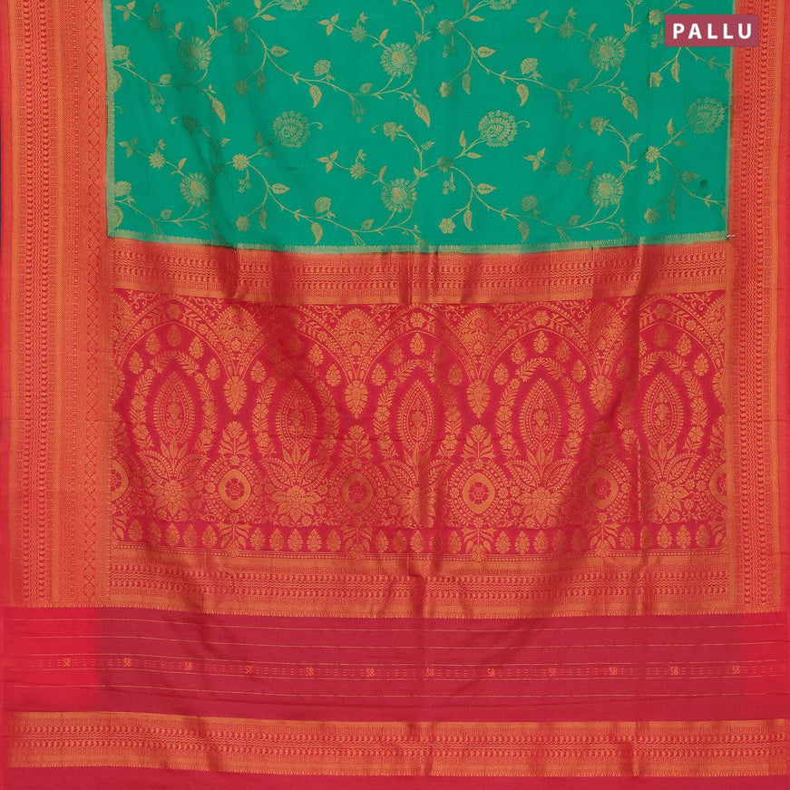 Semi banarasi crepe saree teal green and red with allover floral copper zari weaves and copper zari woven border - {{ collection.title }} by Prashanti Sarees