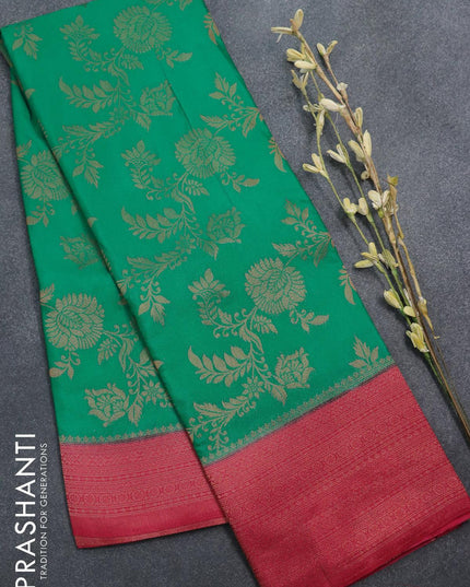 Semi banarasi crepe saree teal green and tomato red with allover floral copper zari weaves and copper zari woven border - {{ collection.title }} by Prashanti Sarees