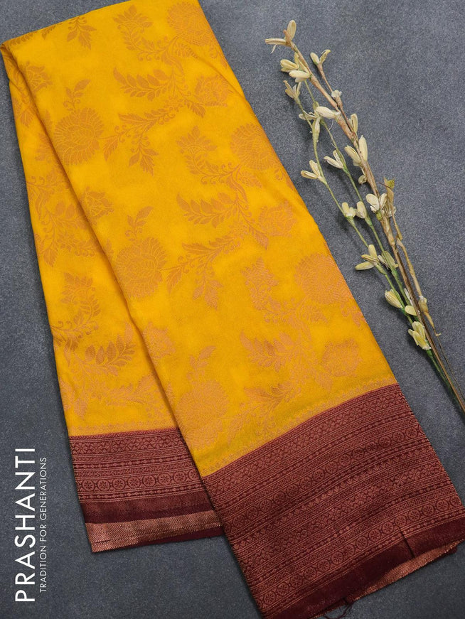Semi banarasi crepe saree yellow and wine shade with allover floral copper zari weaves and copper zari woven border - {{ collection.title }} by Prashanti Sarees