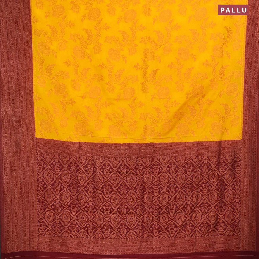 Semi banarasi crepe saree yellow and wine shade with allover floral copper zari weaves and copper zari woven border - {{ collection.title }} by Prashanti Sarees