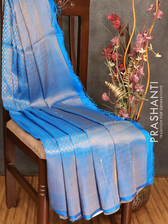 Semi banarasi silk saree blue with allover zari weaves and zari woven border - {{ collection.title }} by Prashanti Sarees