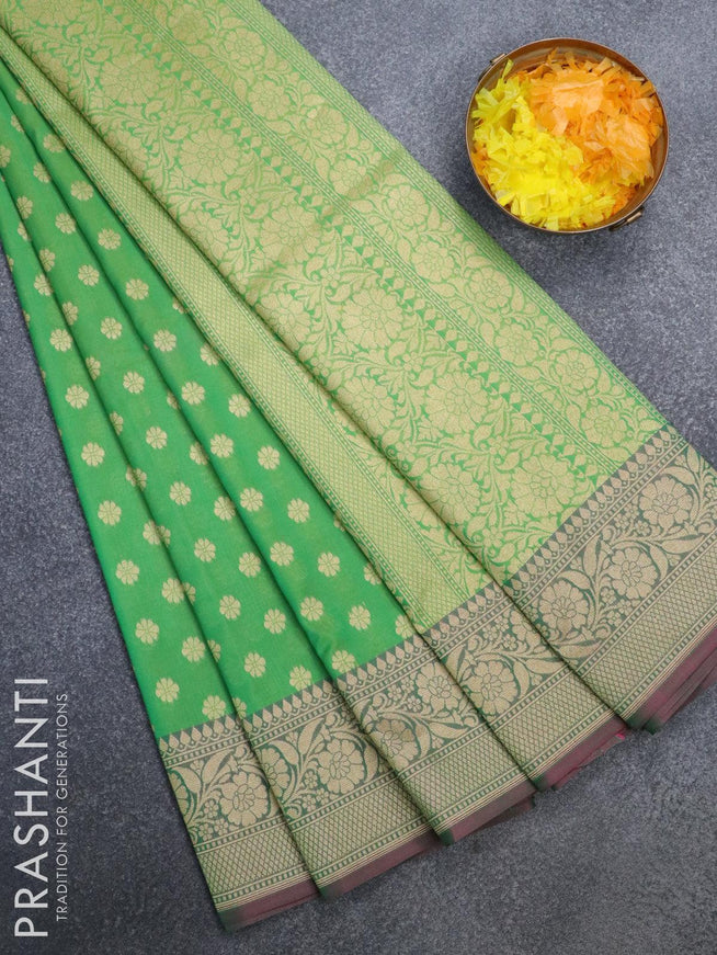 Semi banarasi uppada saree dual shade of green and pink shade with floral zari woven buttas and floral zari woven border - {{ collection.title }} by Prashanti Sarees