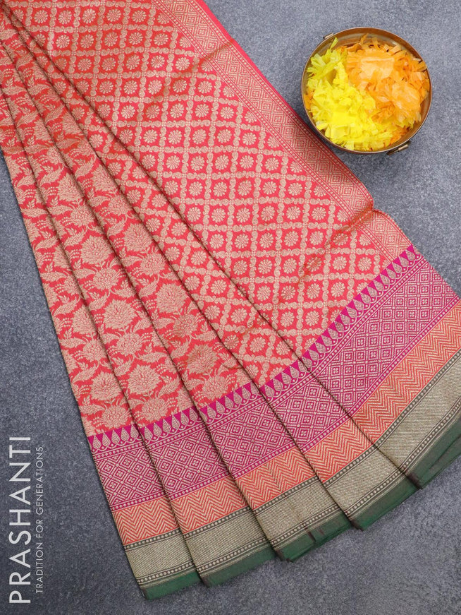 Semi banarasi uppada saree dual shade of pinkish orange and green with allover zari woven brocade weaves and woven border - {{ collection.title }} by Prashanti Sarees