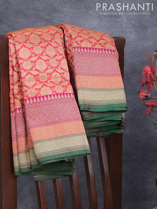 Semi banarasi uppada saree dual shade of pinkish orange and green with allover zari woven brocade weaves and woven border - {{ collection.title }} by Prashanti Sarees