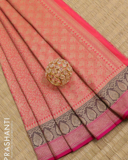 Semi banarasi uppada saree dual shade of pinkish orange and pink with allover thread & zari brocade weaves and zari woven border - {{ collection.title }} by Prashanti Sarees